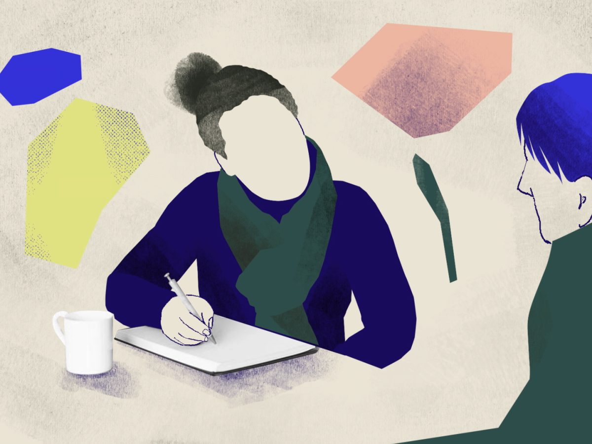 An illustration of a social worker taking notes as they talks to their client.